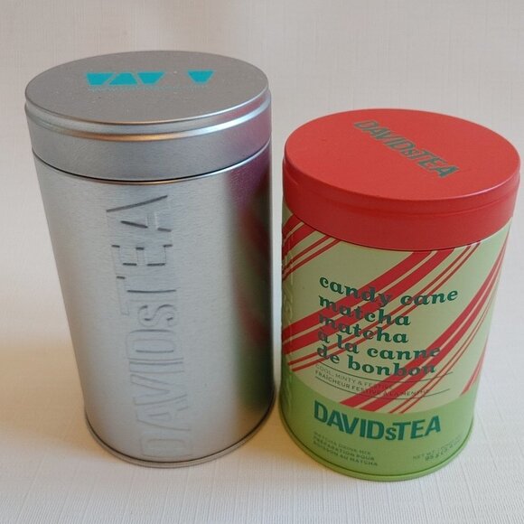 DAVIDS TEA TINS Lot of 2 Silver Davids Tea Collectible Tin Candy Cane Matcha Tin - Picture 1 of 6